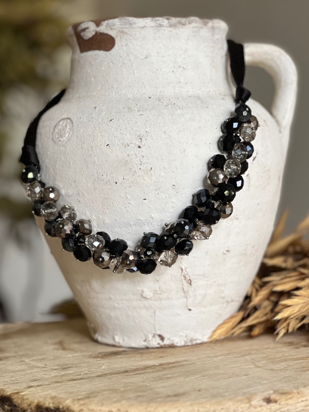 Sparkly Beaded Choker Necklace with Black Satin Ribbon